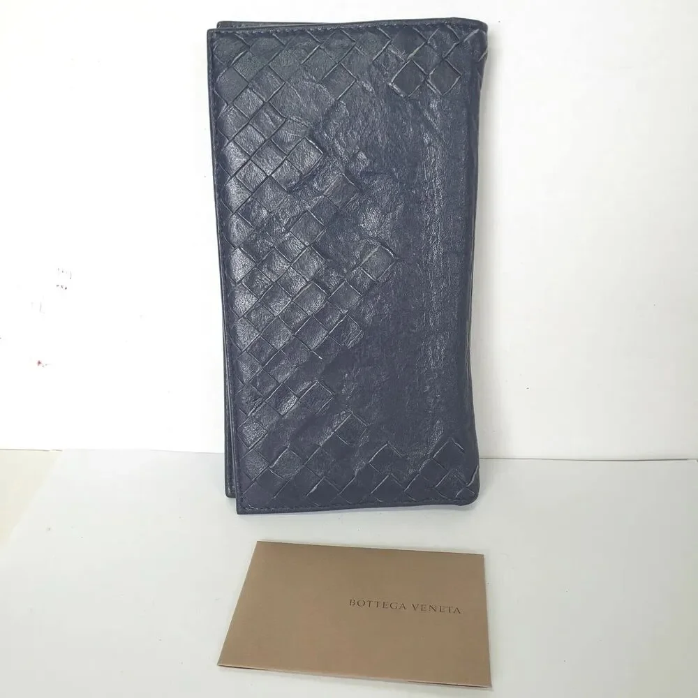 BOTTEGA VENETA Interatiato Woven Blue Leather Bifold Wallet Large Multi‎ Card